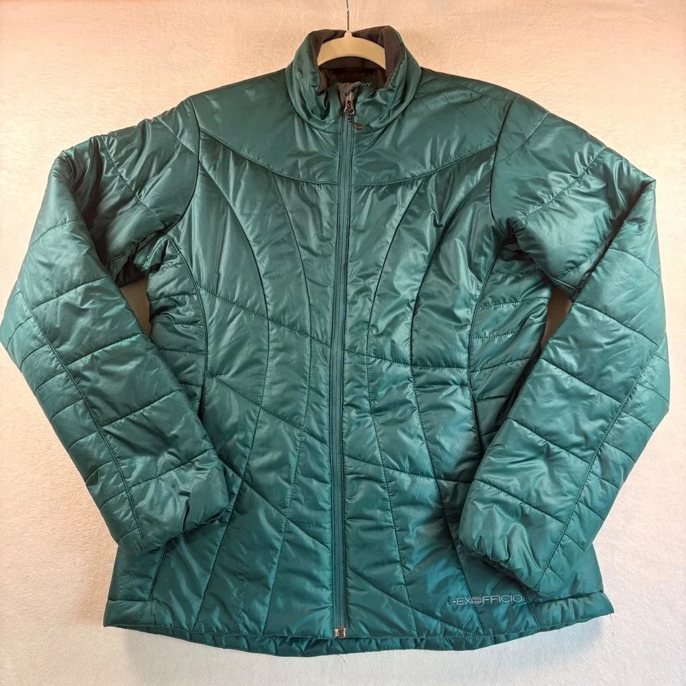 ExOfficio Womens Teal Green Quilted Puffer Jacket Primaloft Travel Coat Size M